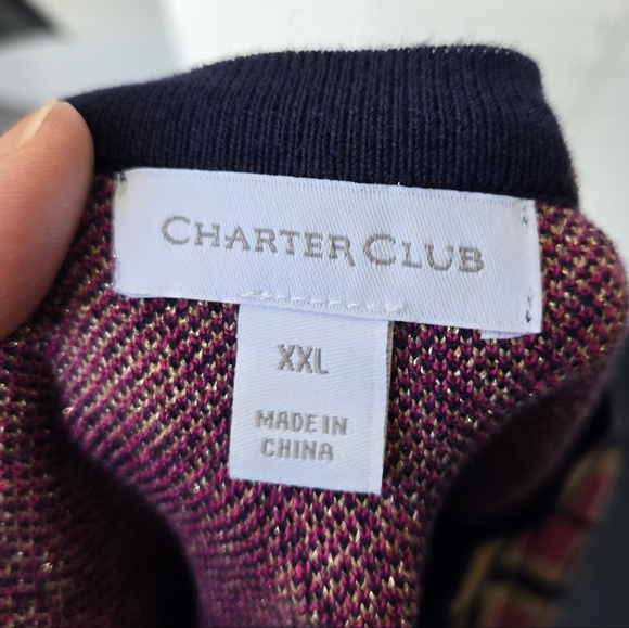 🟣 Charter Club Pink and Navy Argyle Crewneck Cardigan - Picture 7 of 10